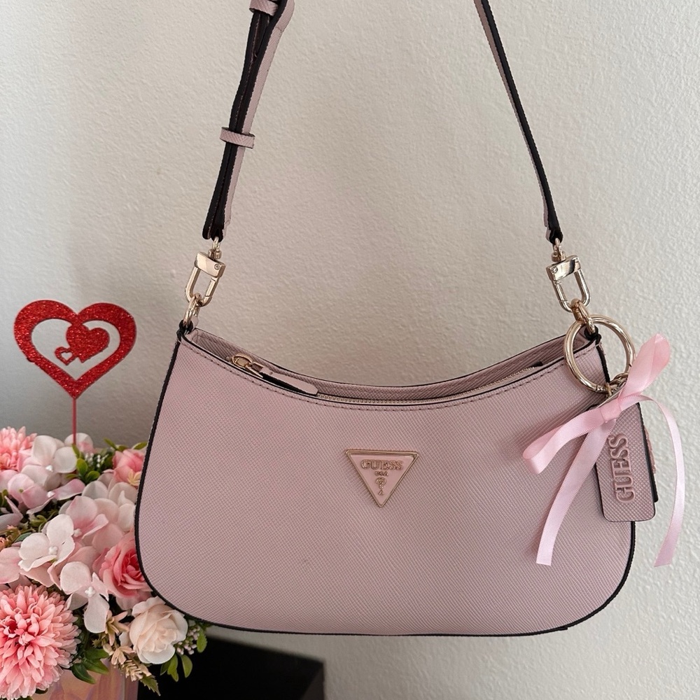 Guess Pink Crescent Shoulder Bag with Silver Hardware